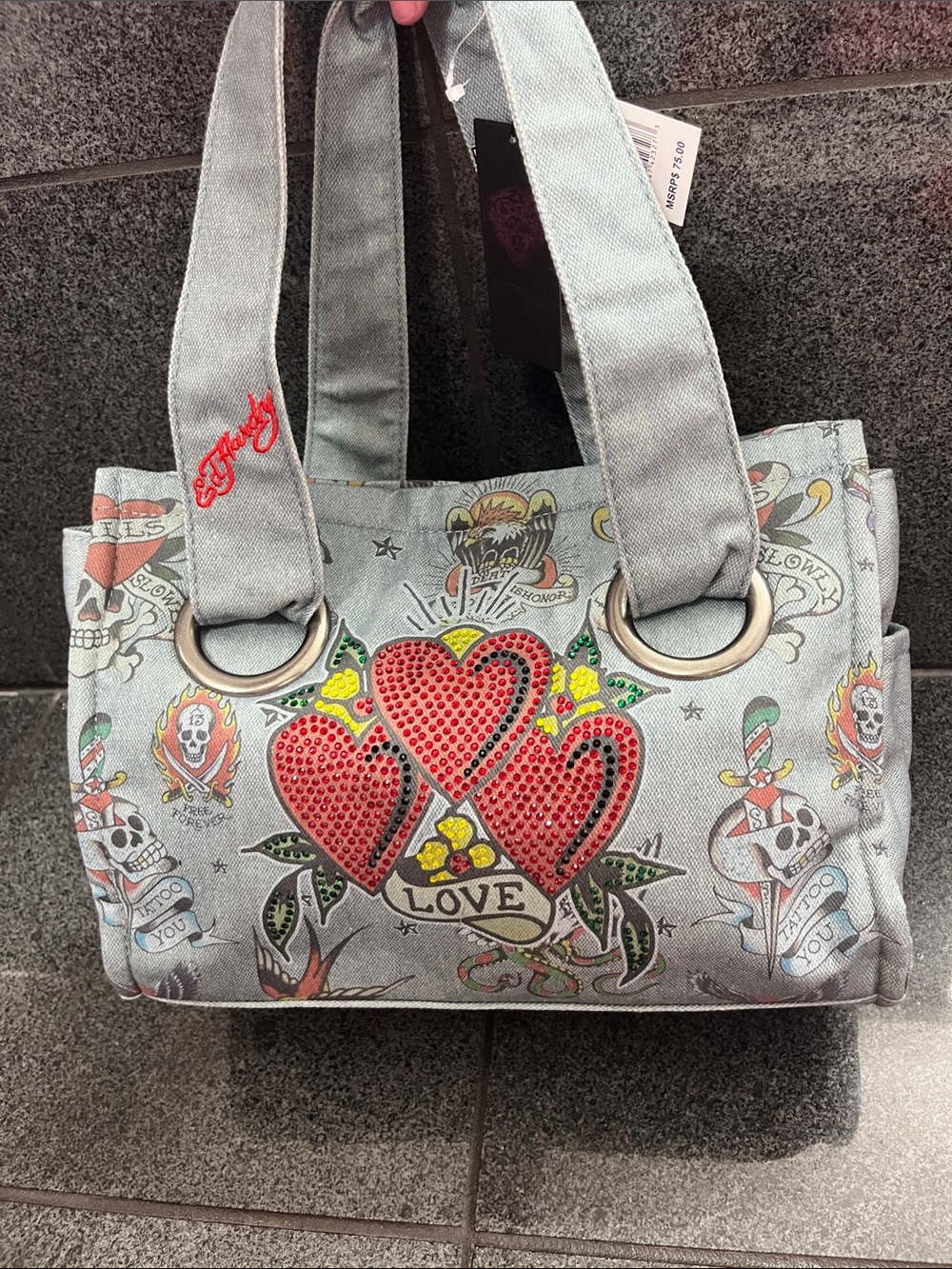 Ed Hardy Gray Tote with Red Heart Appliqués